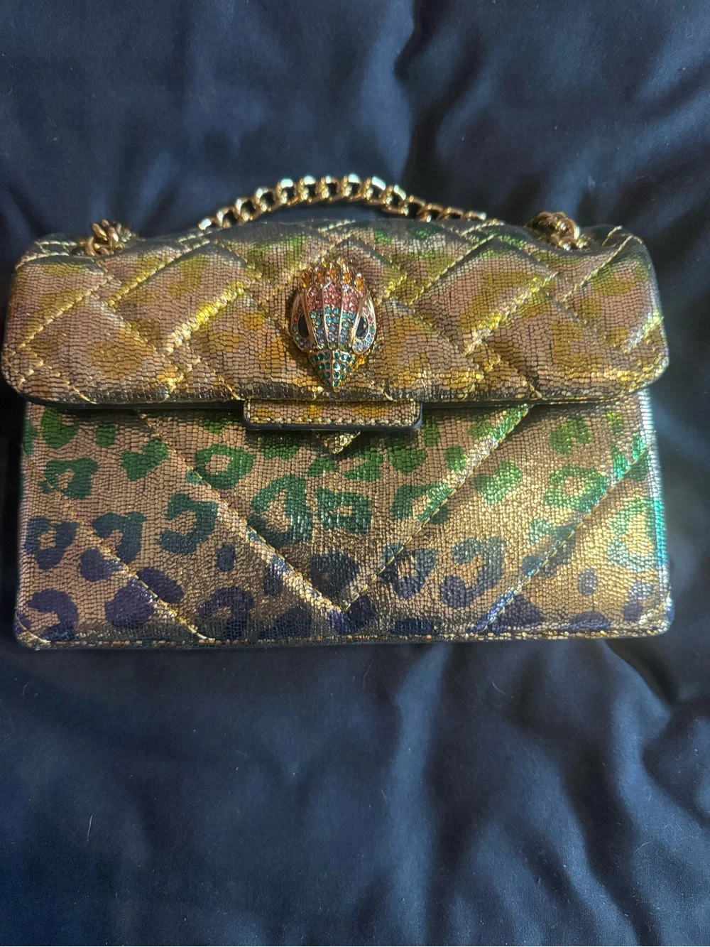 Kurt Geiger Metallic Gold Shoulder Bag with Green and Black Leopard Print
